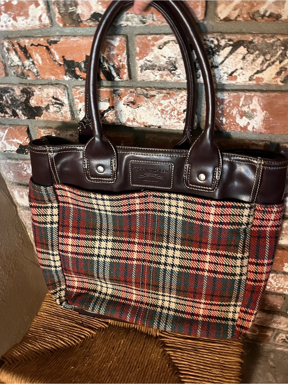 Vintage Tommy Hilfiger Plaid Tote Bag with Brown Leather Trim
